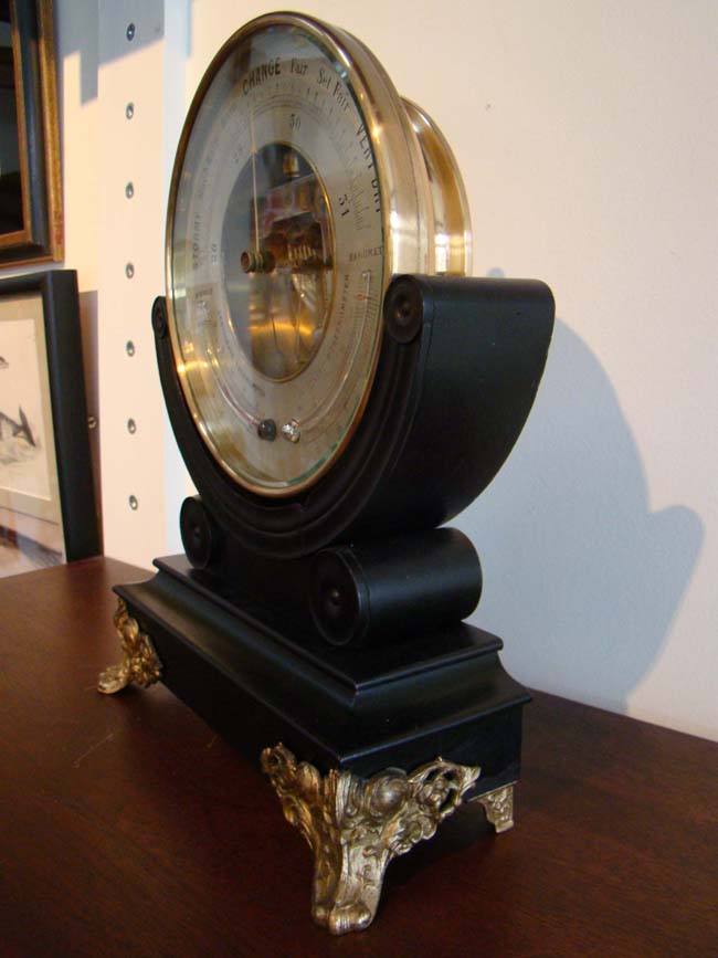 A fine 19th century Aneroid Barometer on a custom made black lacquered stand with gilt ormolu feet circa 1850. — image 3